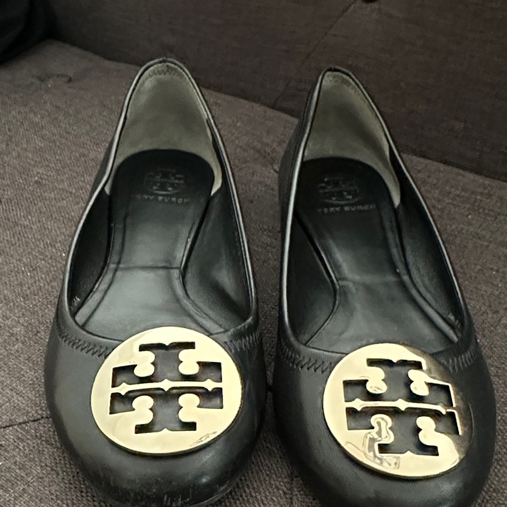 Tory Burch Black Flats with Gold Emblem